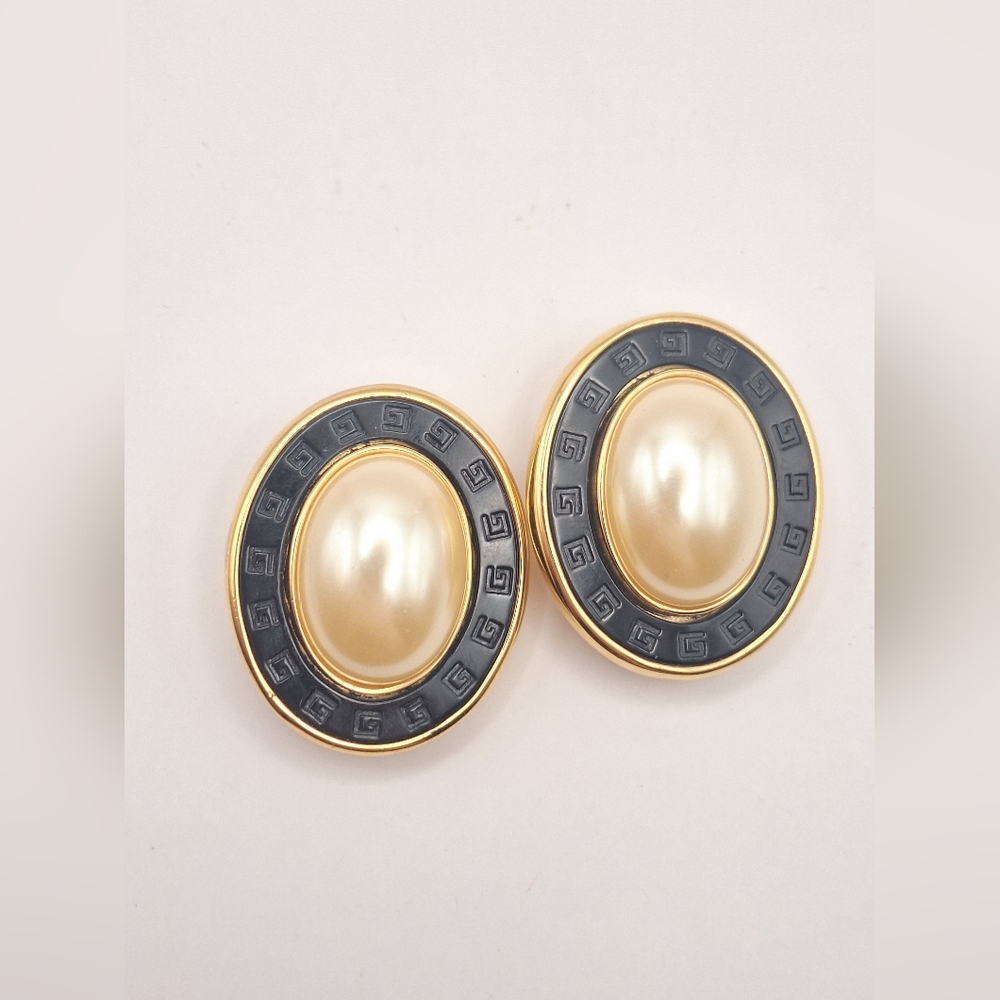 Givenchy Gold-Tone Greek-Key Pearl Dome Clip-On Earrings —Signed VTG